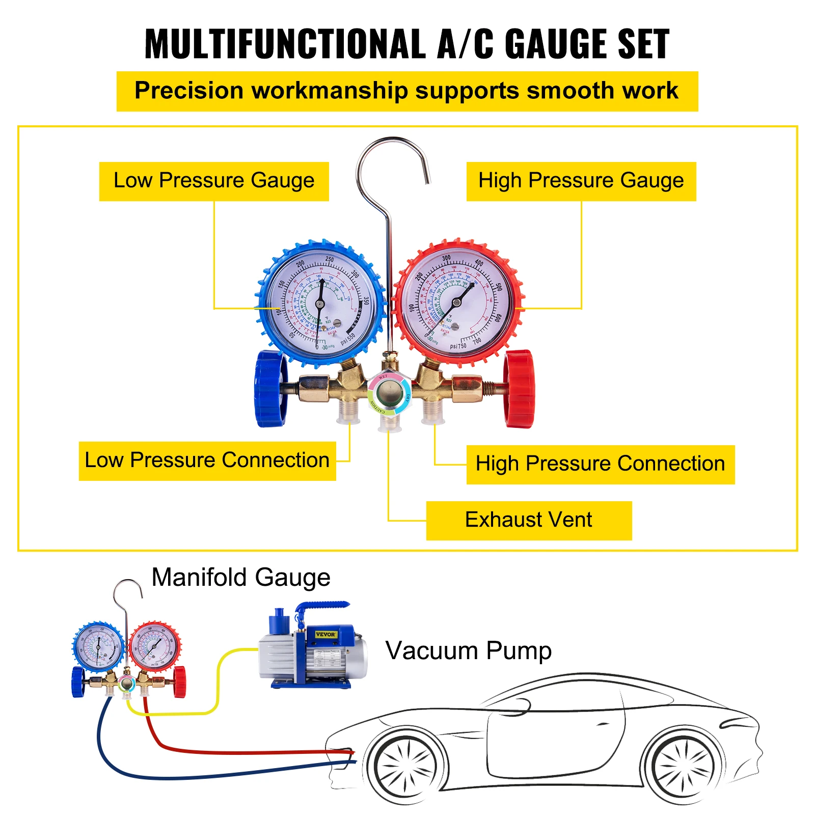 VEVOR 1.8-4.8CFM Refrigerant Vacuum Pump Kits HVAC Refrigeration 1/3 1/4 HP with Manifold Gauge for Household Air Conditioning