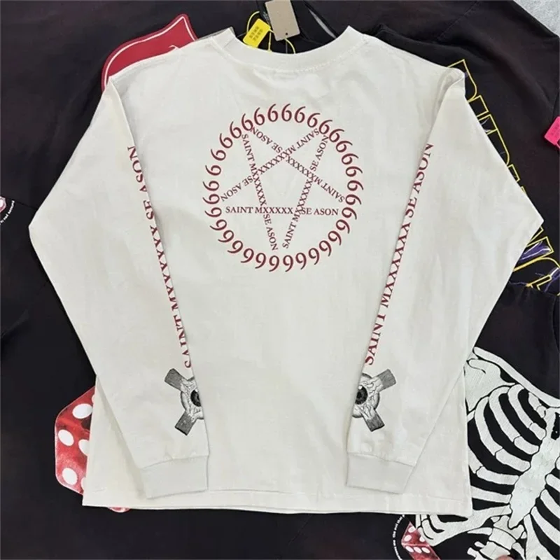 24SS Saint Michael Long Sleeved T-shirts Men Women High Quality Cross Print Pure Cotton Washed White Oversized Pullover