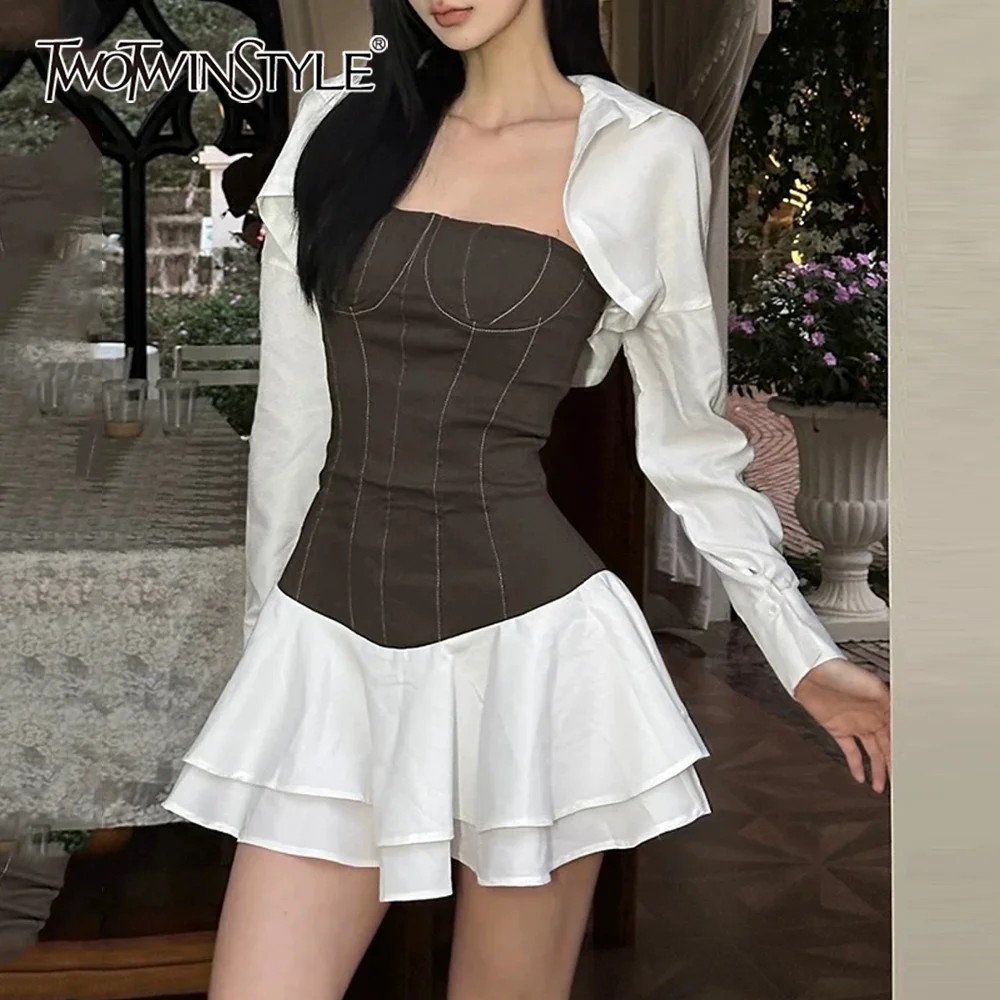 

TWOTWINSTYLE Colorblock Spliced Folds Two Piece Set Female Lapel Long Sleeve Jacket Minimalist Women's Dress Set New Fashion