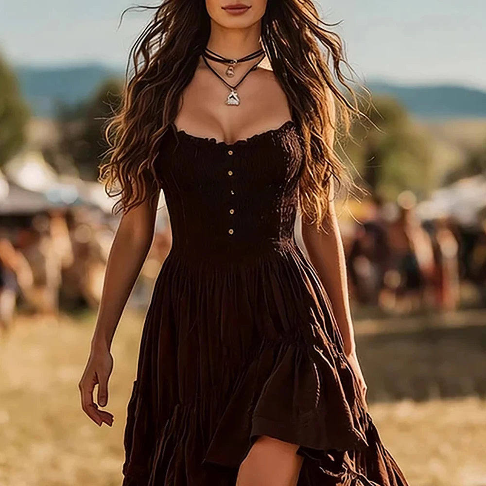 

Women's Western Boho High Low Midi Dress Smocked Bodice Ruffle Tiered Flowy Dress For Country Concert Vacation Chic Summer Dress