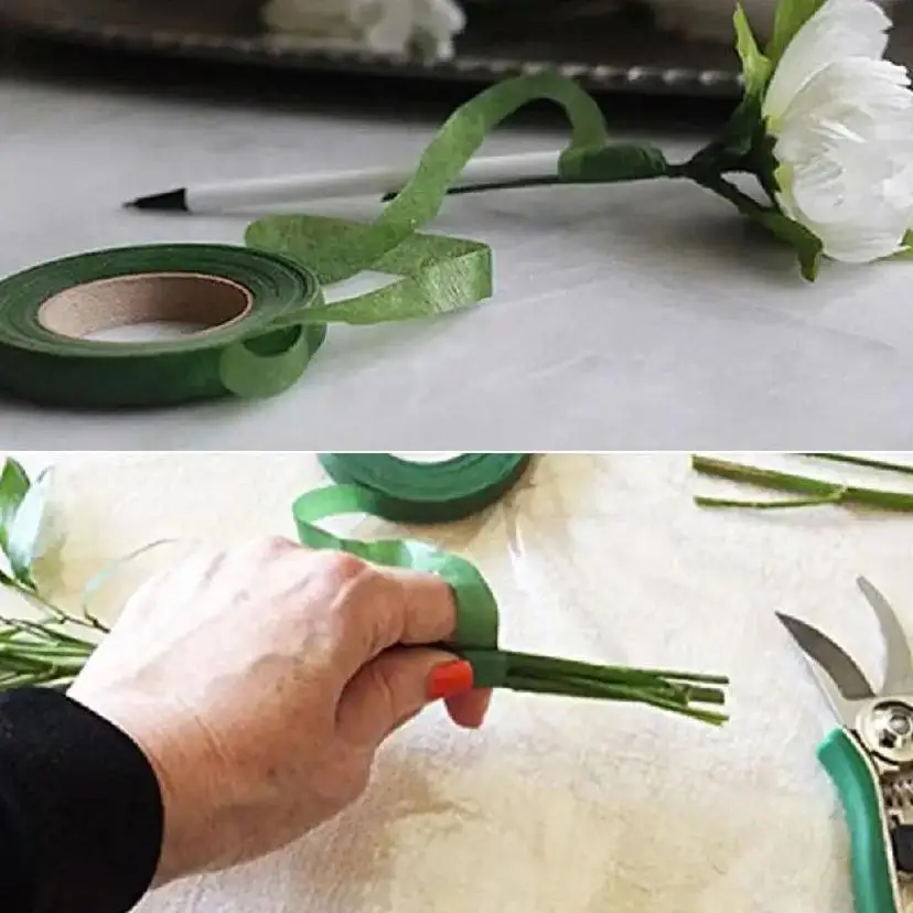 1 جهاز كمبيوتر شخصي 12mm ذاتية اللاصق الأخضر وشي الشريط زهرة جذع لعلاد DIY الحرف الزهور الحريرية الاصطناعية