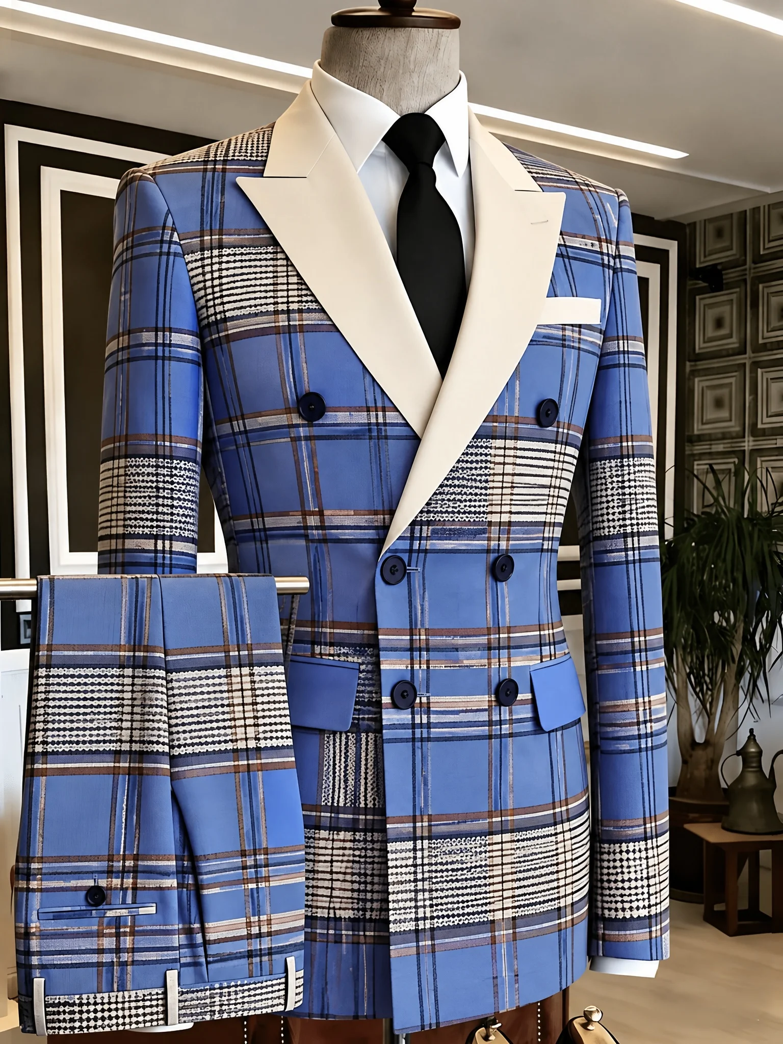 Men's Blue Tartan Plaid 2-Piece Suit White Contrast Peak Lapel Double-Breasted Slim Fit Wedding Groom Formal Party Costume