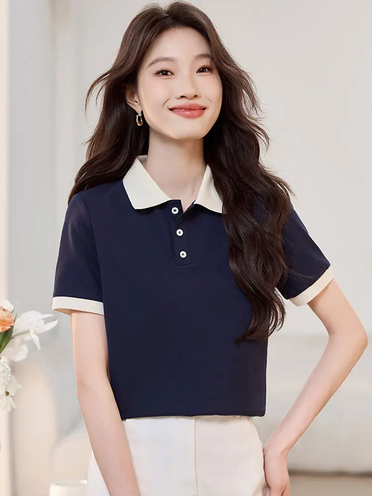 

Sli f Button Pure Cotton ort Sve Pullover irt Turn-down Collar Contrast Color Design Commute Faion Summer Top