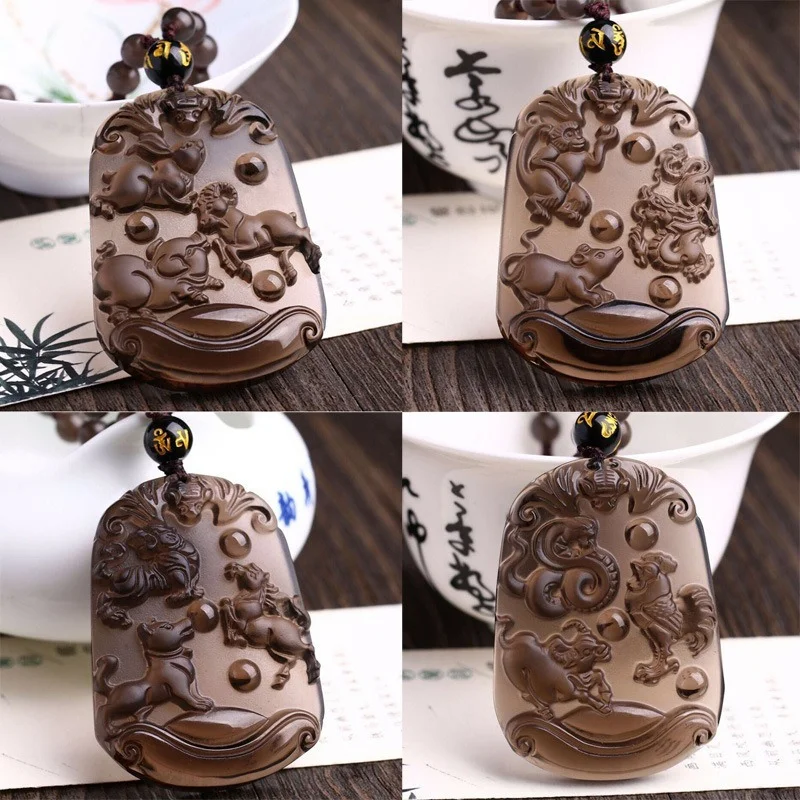 Natural Ice Obsidian Hand Carved Rat Dragon Monkey Pendant Boutique Jewelry Men's and Women's 12 Zodiac Three In One Necklace