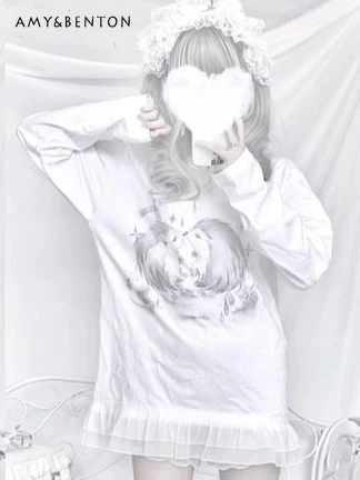 

Original Pure Cotton Long Sleeve Lace Patchwork Punk Style Cartoon Print Subculture Mid-Length T-Shirt Women Japanese Sweet Top