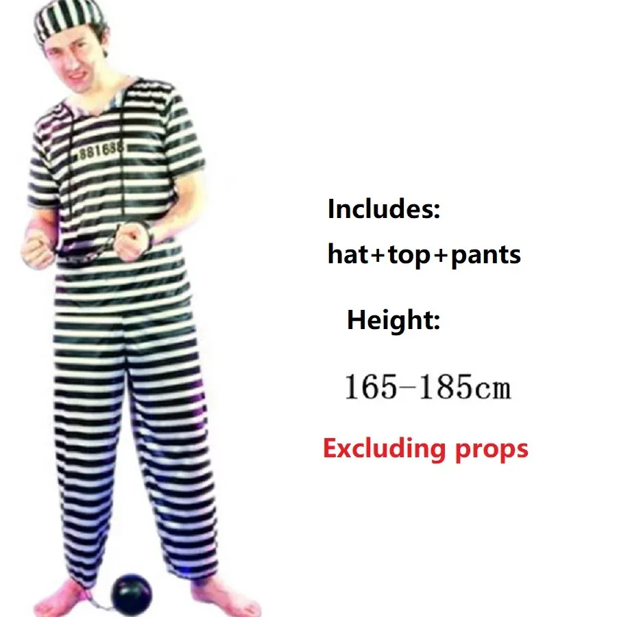 زي سجن الهالوين التنكري للذكور والإناث زي السجن أبيض وأسود مخطط زي السجن