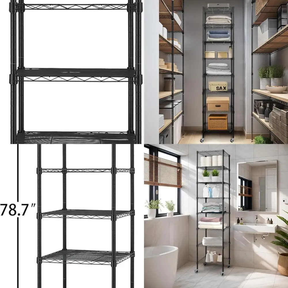 Industrieel rollend draadrek met 8 niveaus, 18x18x78,7, robuust verstelbaar metalen opbergmeubel, NSF-gecertificeerd, zwart