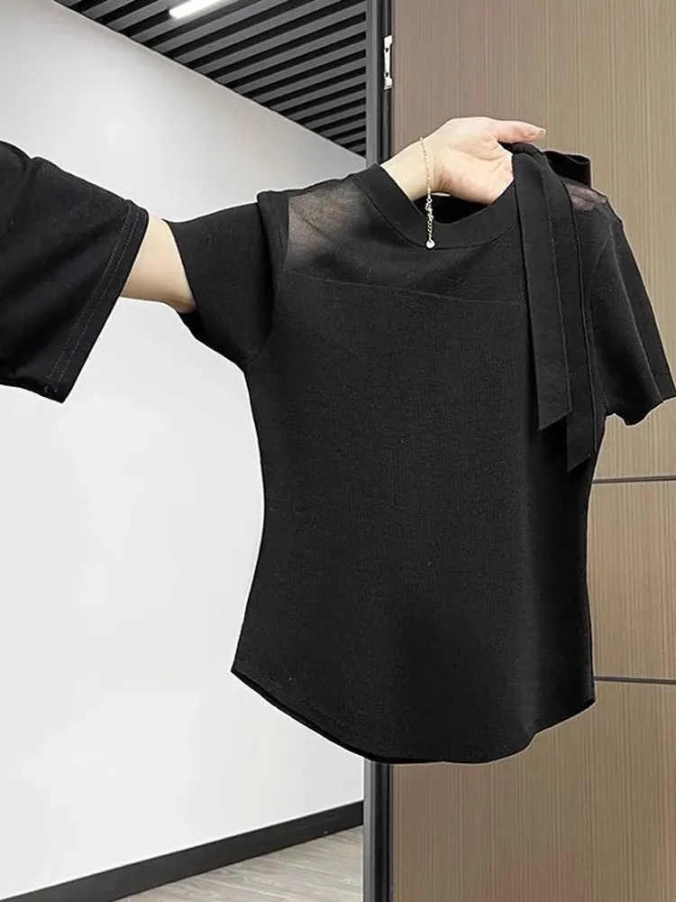 Women's ort Sve T-irt  Knot Slimming Me Thin Fake Two-Piece Top ort Faionable irt Gentle Wind