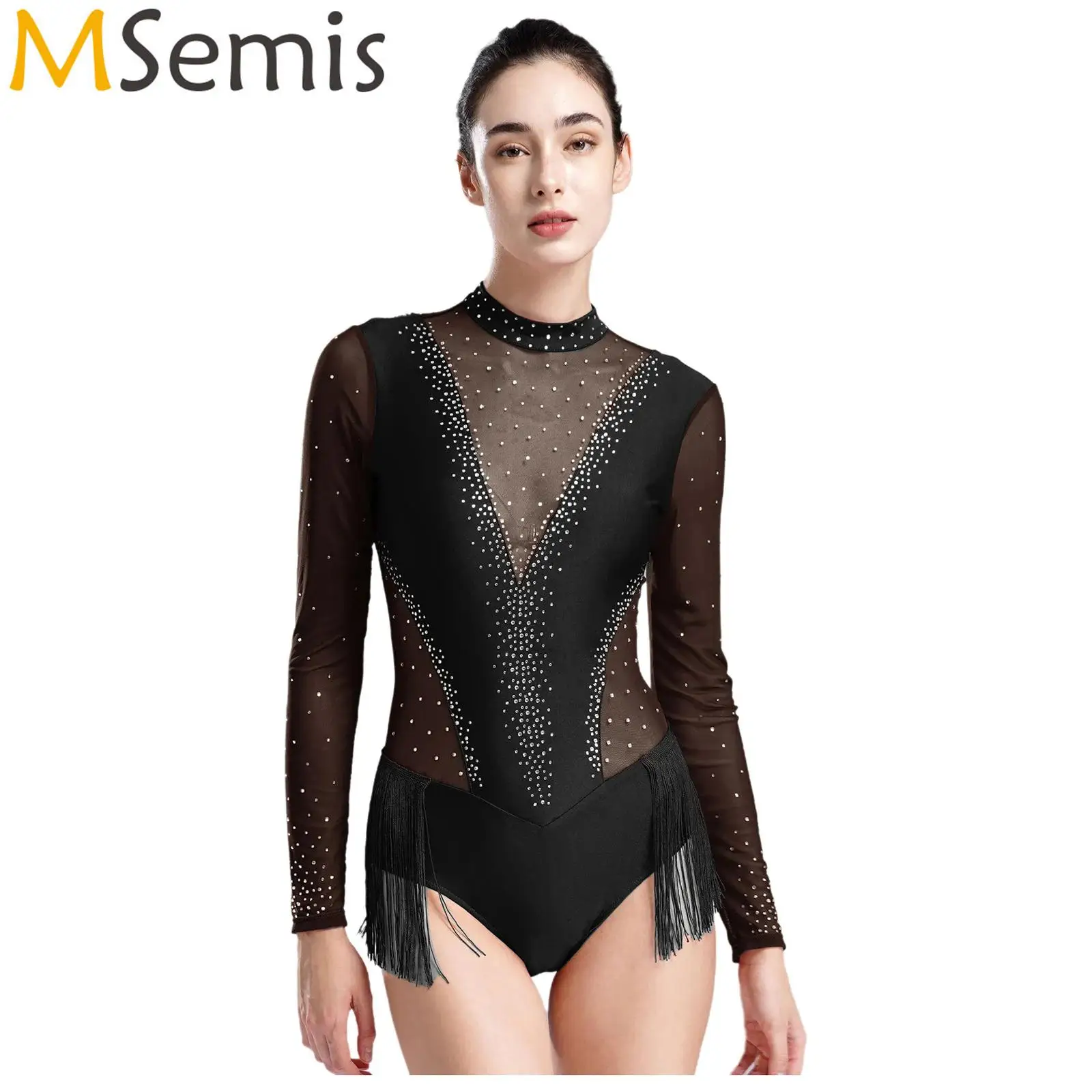 Womens Tassel Bodysuit Ballet Jersey Gymnastics Skating Jumpsuit Rhinestones Sheer Mesh Fringed Latin Dance Leotard Bodysuit