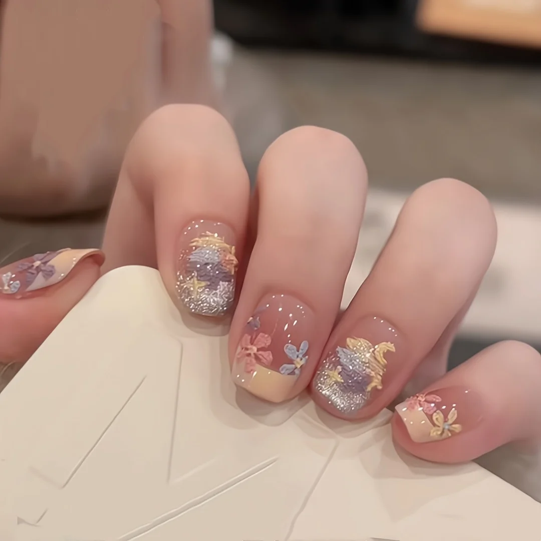 10 قطعة الصحافة اليدوية على الأظافر الربيع والصيف النفط اللوحة الدوبامين كريم الزهور الصغيرة وهمية مسمار للنساء والفتاة للإزالة مسمار