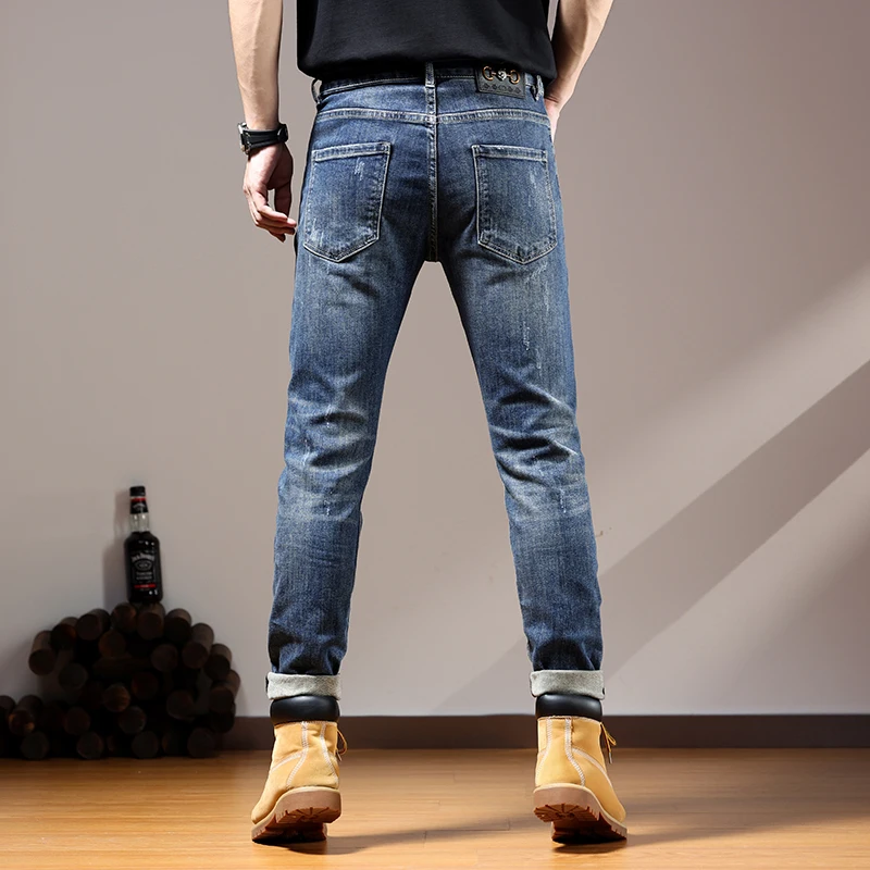 Men's Jeans Broken Tapered Torn with Print Trousers Graphic Retro Korean Fashion Ripped Slim Fit Man Cowboy Pants Designer Hole