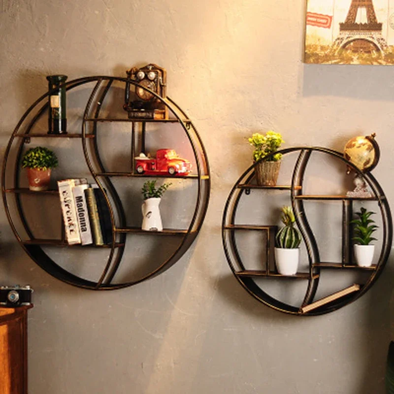 

European style living room wall hanging rack creative solid wood shelf partition round display decorative frame 80cm