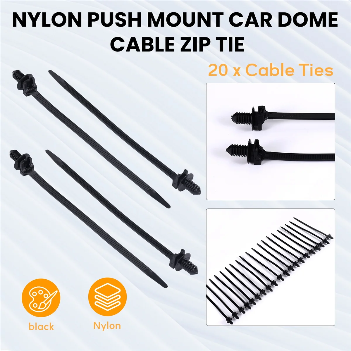 Nylon Push Mount Car Dome Cable Zip Tie, 162mm Length, 20 Pcs, Black XQ