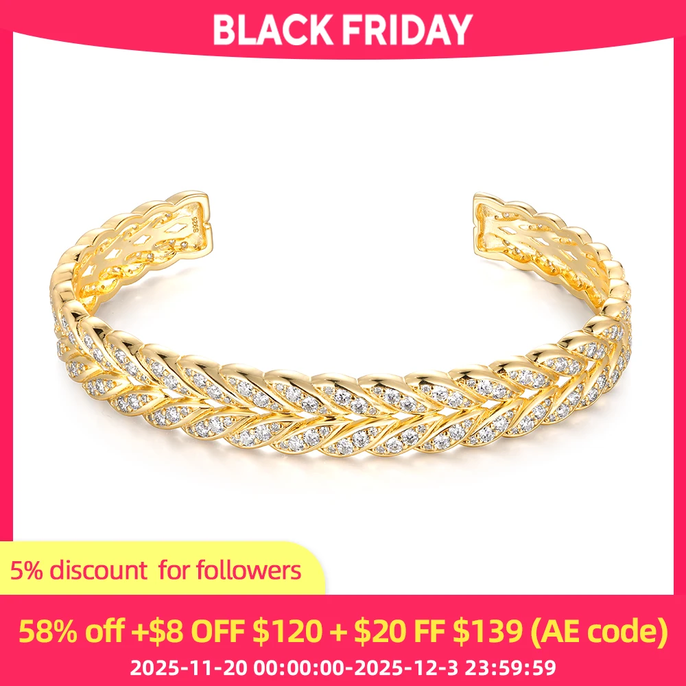 

ANDH Woman's Moissanite Open Bracelet 925 Sterling Silver Rhodium Plated Ear of Wheat Design Bangle Ladies Jewelry Birthday Gift
