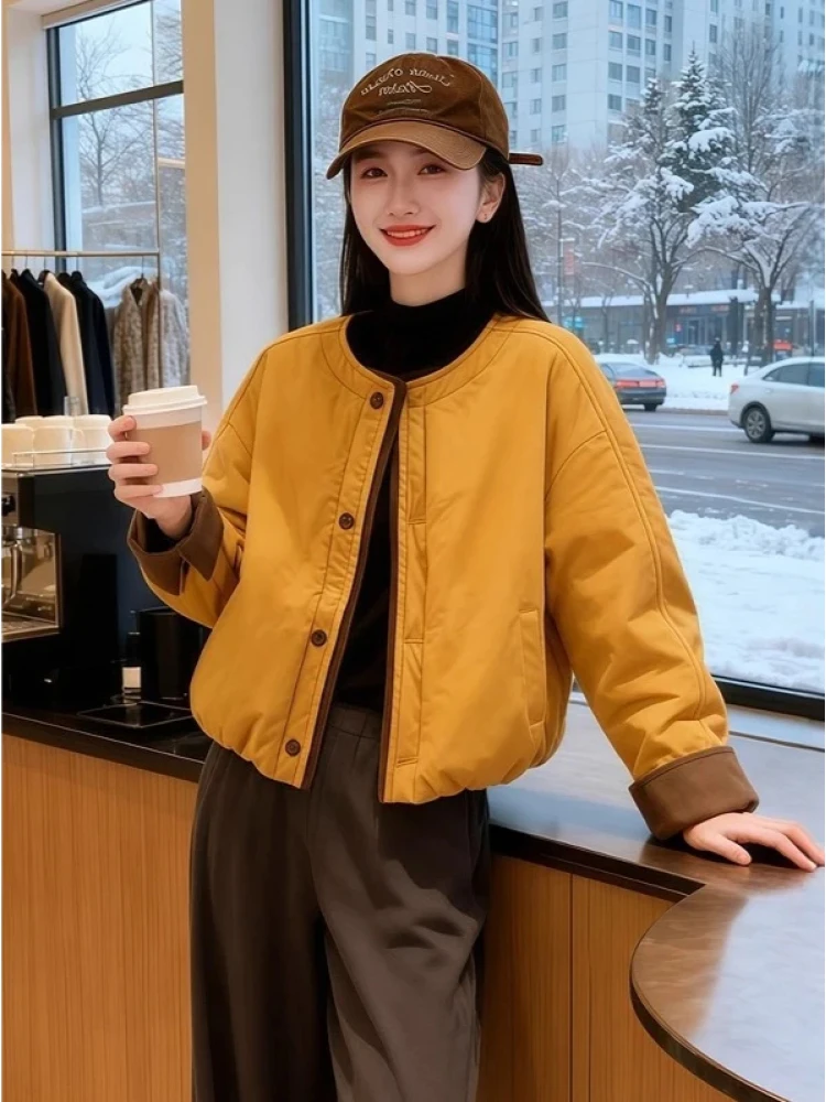 

Женская утепленная хлопковая куртка-бомбер в корейском стиле, новинка зимы, с длинными рукавами, круглым вырезом и одной пуговицей