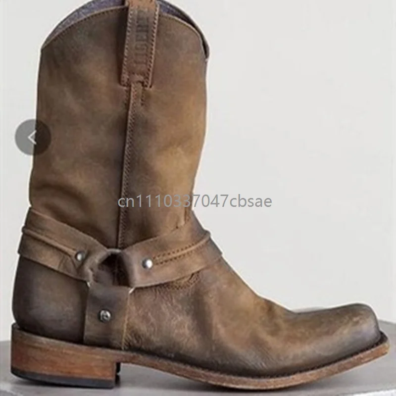 Western Cowboy Retro Medieval Boots Unisex Mid Calf Pu Leather Slip On Shoes For Men Women Outdoor Winter Casual Style Boot