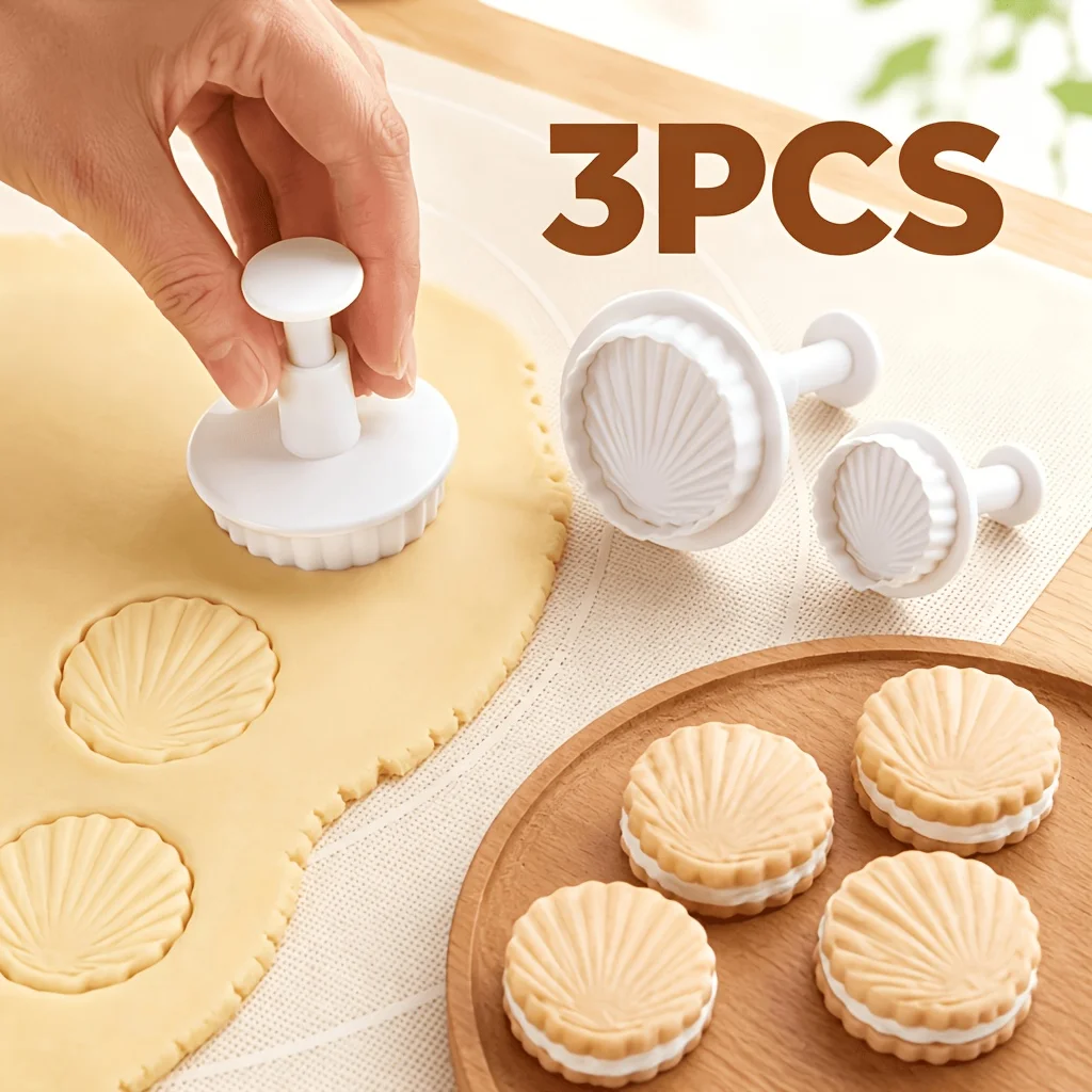 3Pcs Seashell Cookie Cutter Set Plastic Press Stamp Mold, DIY Embossing Tool for Biscuit, Fondant, Mooncake, Sugarcraft Handmade