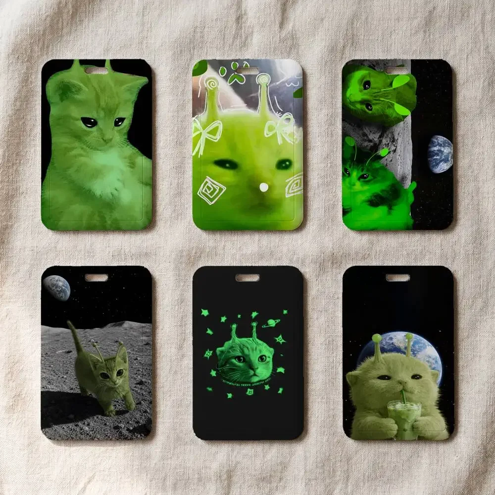 Cute Green Alien Cat Durable Plastic ID Badge Holder Daily Work Card Pouch