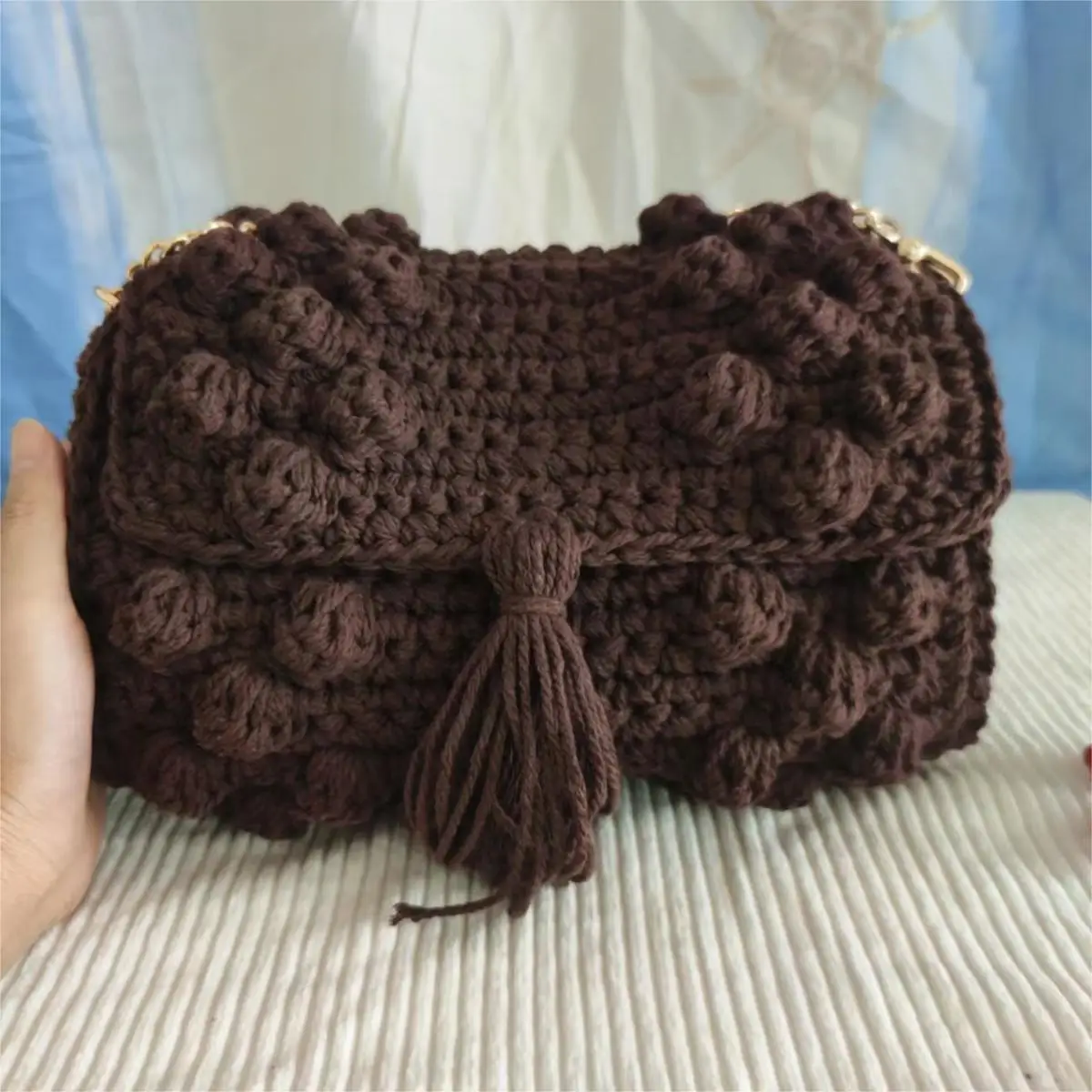 Women's one shoulder crossbody bag, hand woven bag, cotton hook woven bag, bean tassel bag