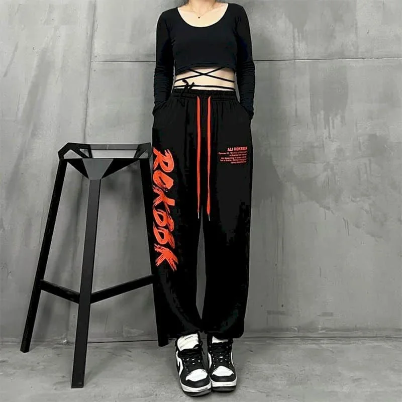 Calça reta de rua alta com cordão hip-hop moda coreana feminina y2k impressa solta esportiva moletom roupas femininas