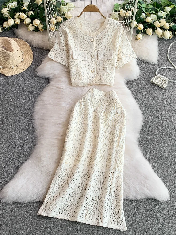 

Ele Lace Hollow out round Ne ort Sve Top Coat High Waist Slimming f Skirt Two Piece Set for Young Women