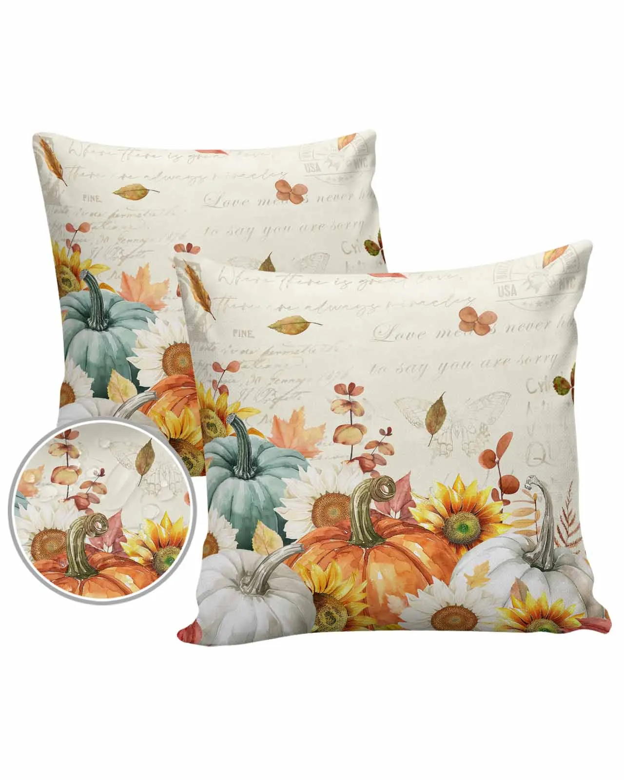 2/4PCS Thanksgiving Eucalyptus Leaf Pumpkin Vintage Letter Outdoor Garden Chair Waterproof Cover Cushion Home Decor Pillow Case