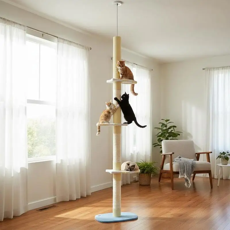 

Height-adjustable cat tree, anti-slip, sisal rope posts, 220-260H x 47L x 34W cm, yellow/white/blue