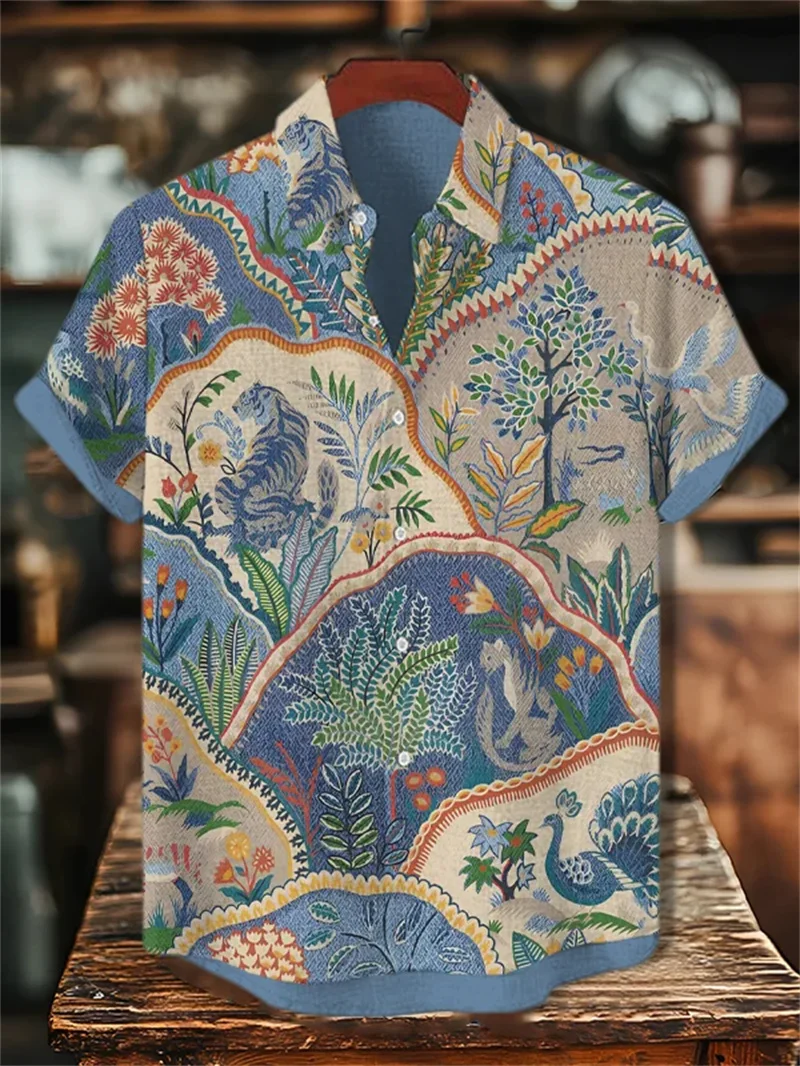 New men's linen short sleeved shirt, lapel shirt, wave pattern cat pattern short sleeved casual vacation clothing top