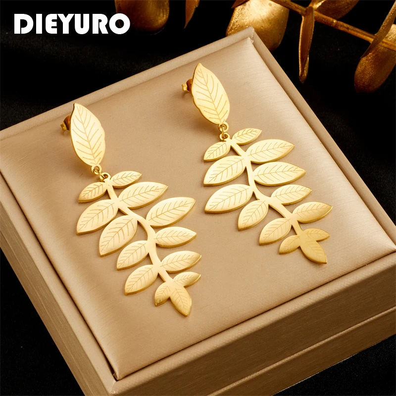 DIEYURO 316L Stainless Steel Gold Color Leaves Drop Earrings For Women Girl Fashion Non-fading Ear Jewelry Gift Party Серьги