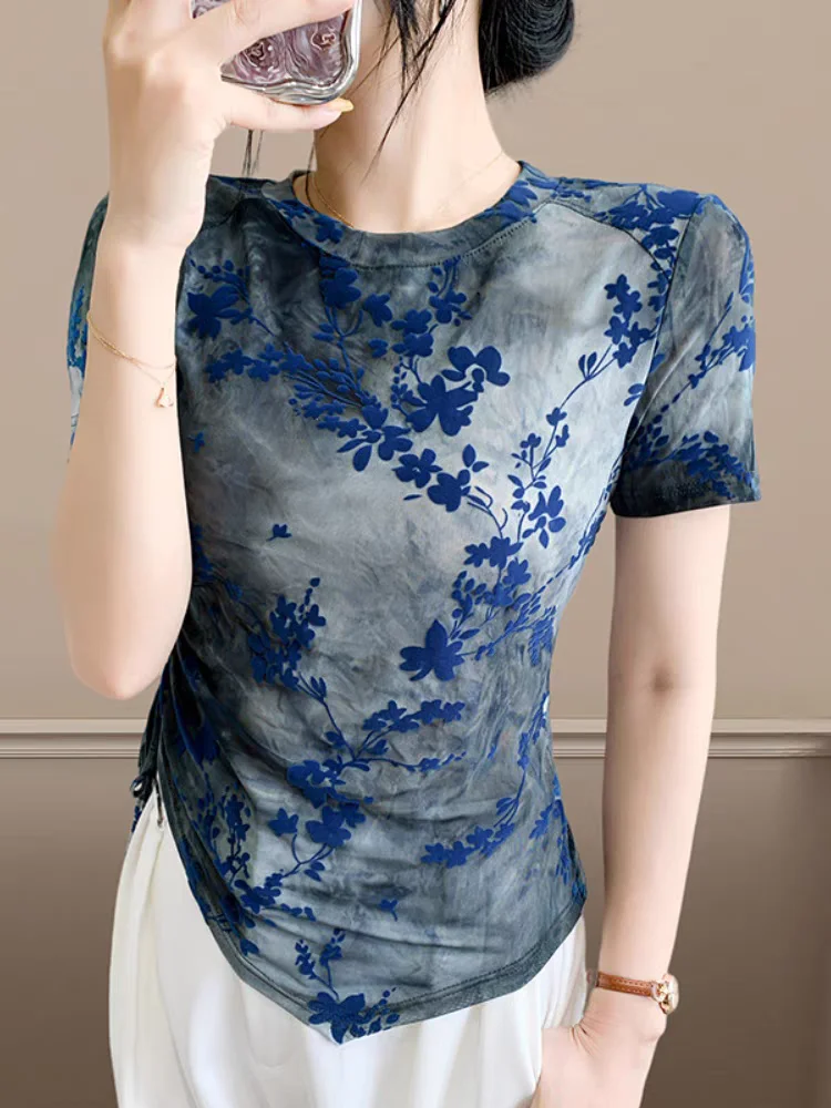 

Vintage Floral Flocking Sheer Mesh Short Sleeve Tee Women 2025 Summer Asymmetric Slim Fit Semi-transparent T-Shirts