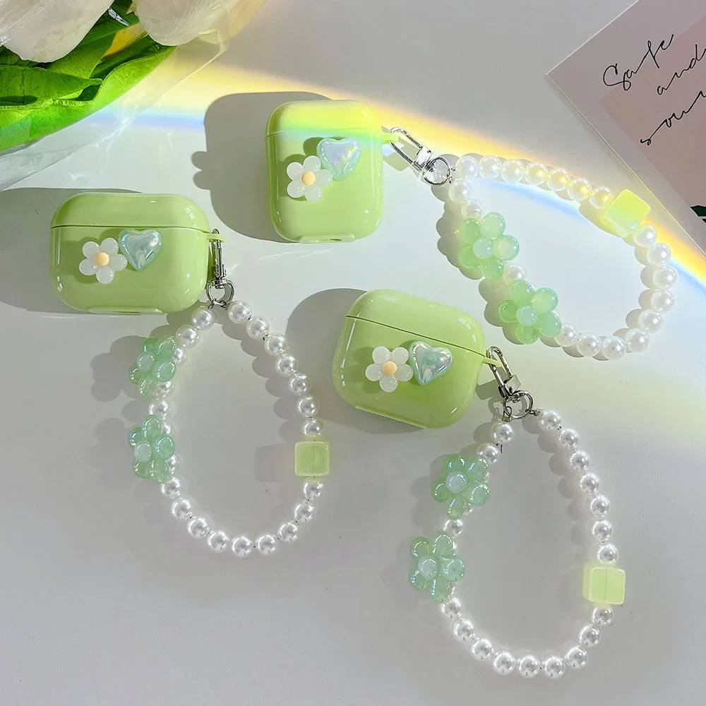 Avocado Green Case for Apple AirPods 2 3 4 Love Heart Flower Pearl Bracelet Cover For Air Pods Pro Soft Silicone Protector Case