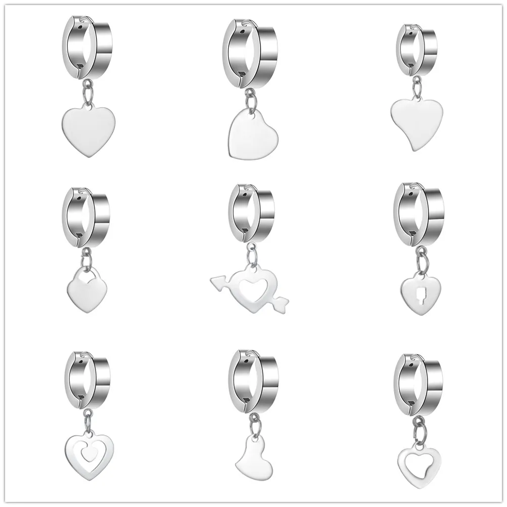 New Heart Dangle Charm Hoop Earrings For Men Women Stainless Steel Hip Hop Geometric Hanging CZ Hearts Earrings Jewelry