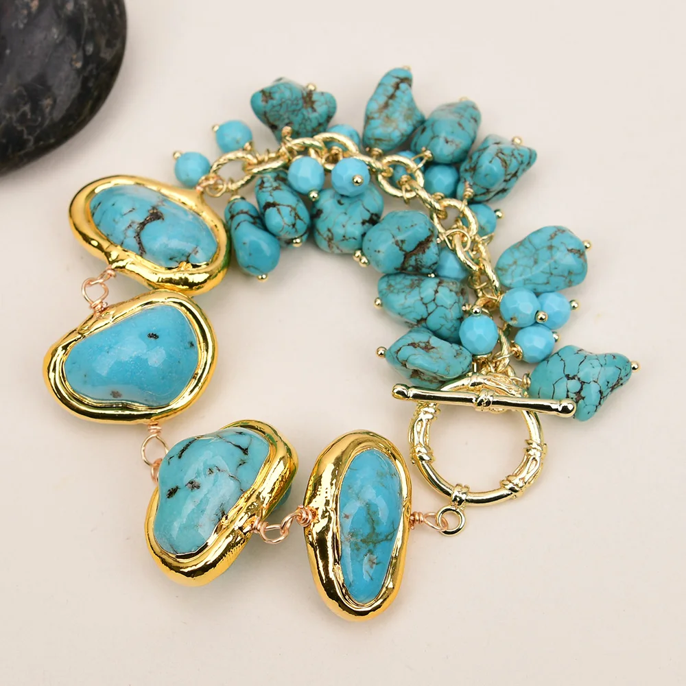 

G-G Blue Turquoise Gold Edged Nugget Rough Beads Chain Bracelet Handmade Jewelry