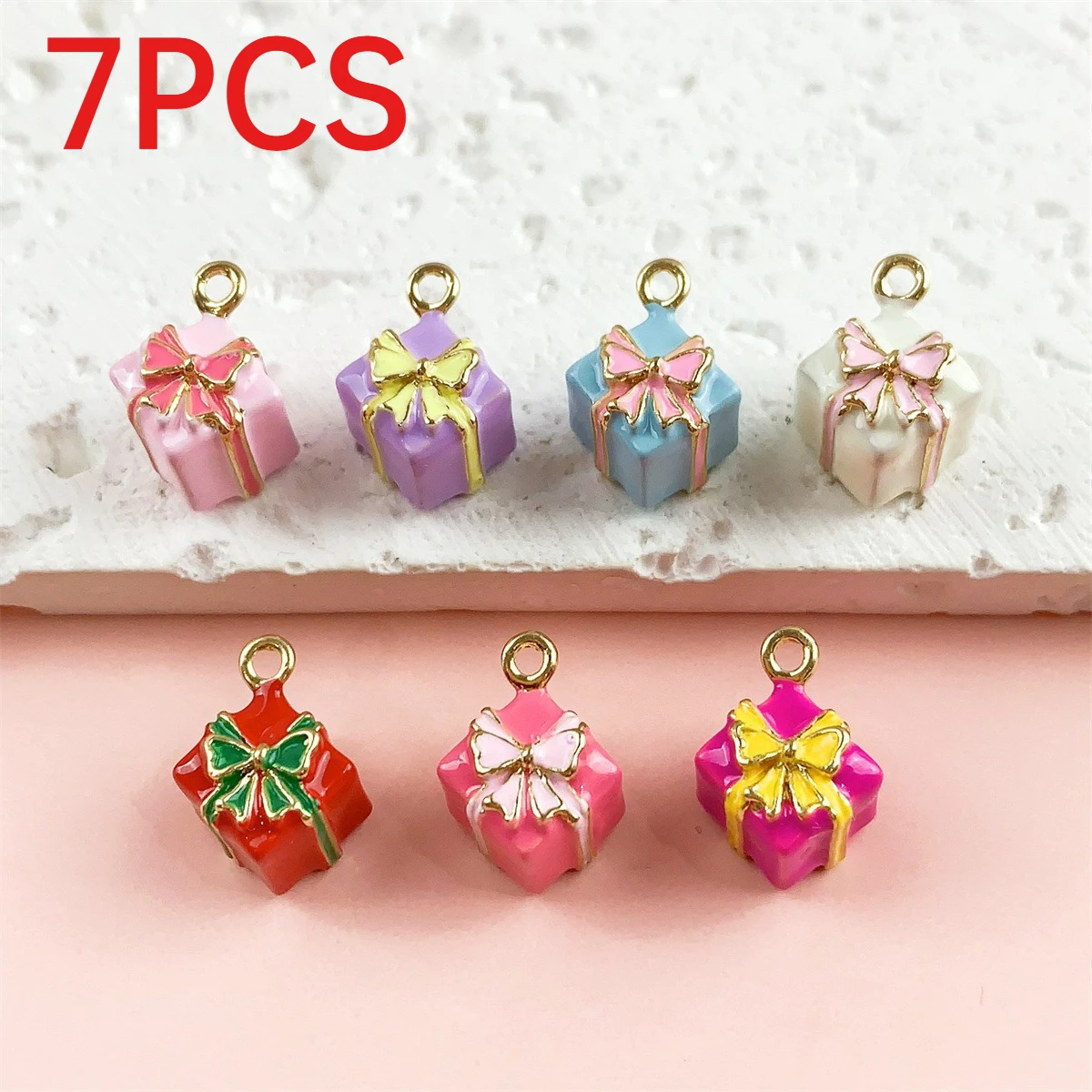7Pcs Alloy Enamel 3D Colorful Bow Gift Box Charms DIY Jewelry Pendants Accessories For Necklace Bracelet Making