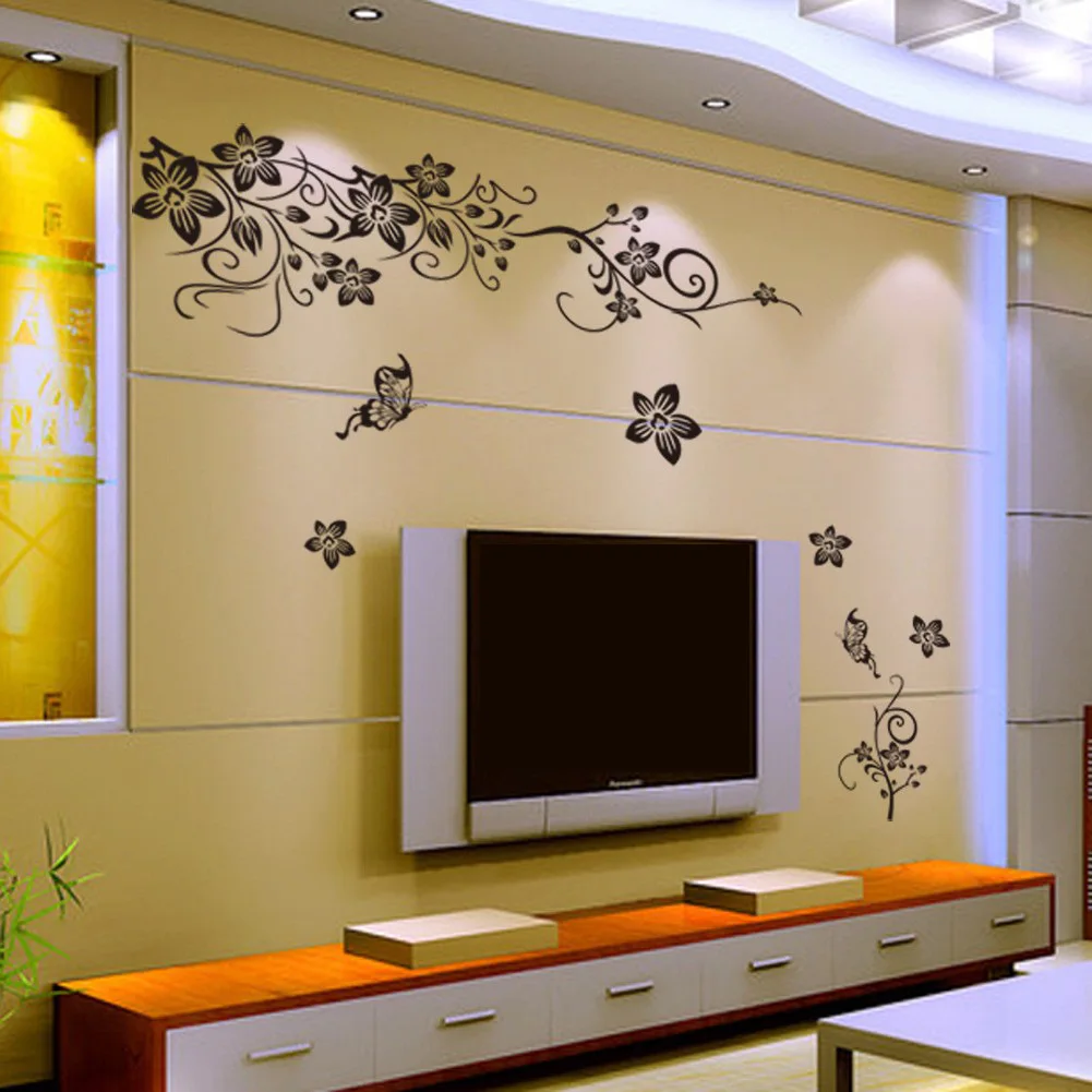 Black Flower Vines Butterfly Flys Vinyl Wall Stickers Self Adhesive for Occident Home Living Room TV Background Decoration