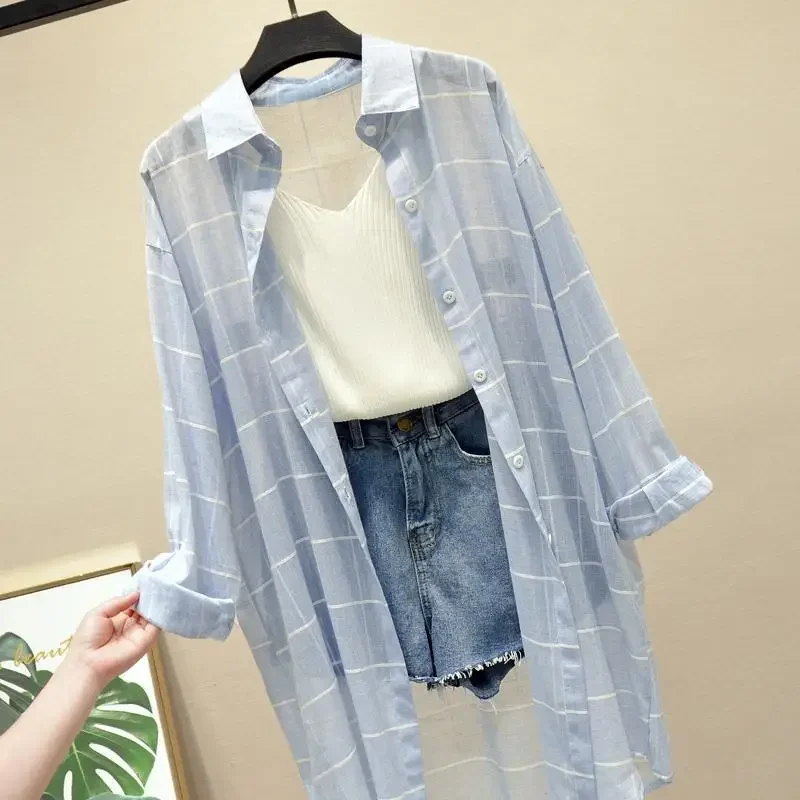 Blouse Women Blue Plaid Shirt Women\'s Retro Long Clothing Shirt Coat Summer Blusas Ropa De Mujer