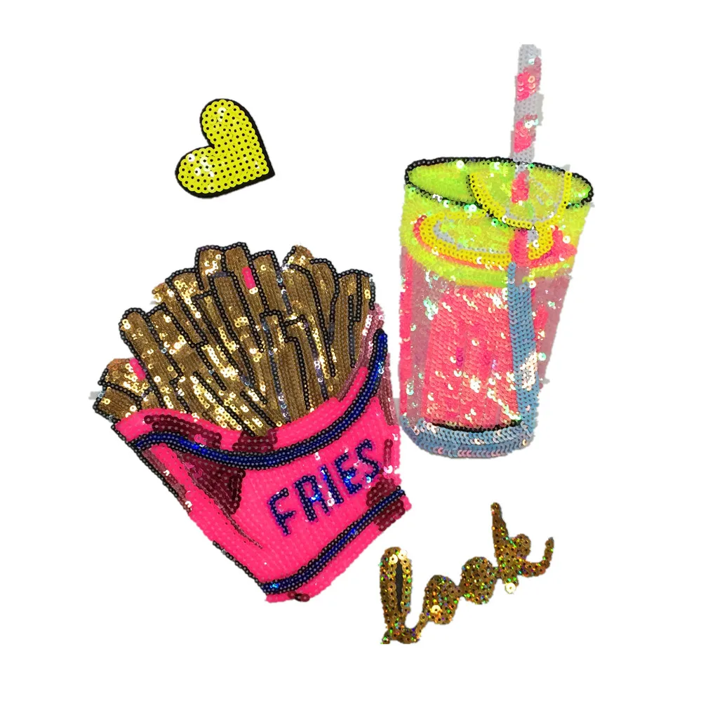 lemon tea drink cup & French fries  set Sequined patches for clothing applique fabric iron on patches parches para la ropa