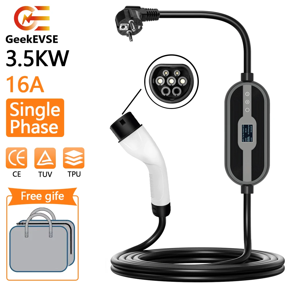 

GeekEVSE Portable Type 2 EV Charger, 3.5kw Electric Car Charger, EV Type 1 Charger, Switchable Current 8/10/13/16A, 5M with Bag