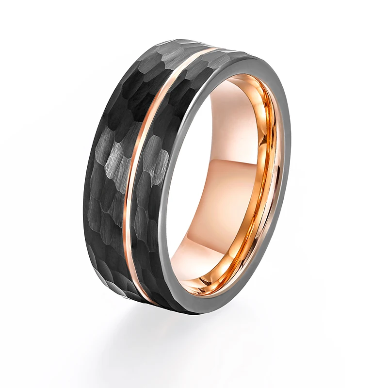 Somen 8mm Tungsten Carbide Diamond Black Gold Color Ring Hammer Pattern Groove Hammered Wedding Band Luxury Ring Comfort Fit