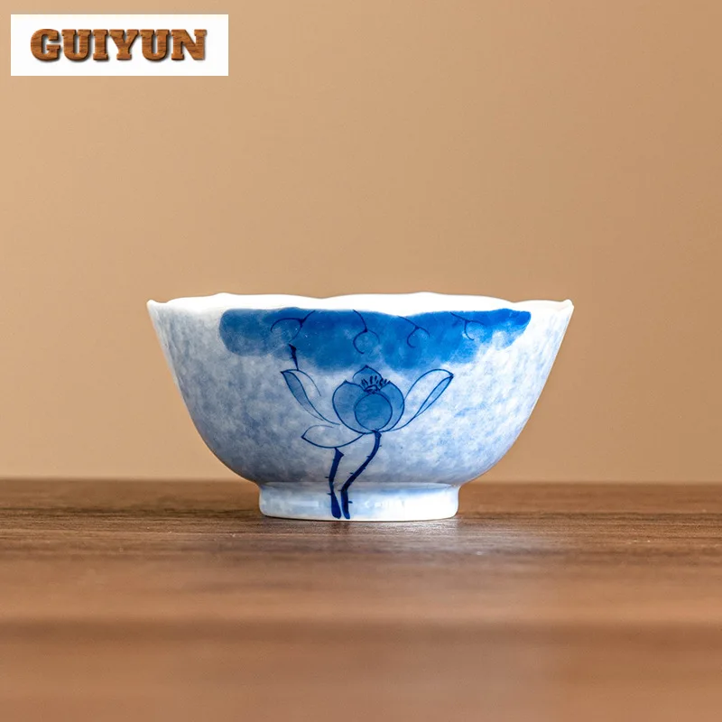 85ml Hand-painted Blue Lotus Art Ceramic Hat Cup Chinese Tea Master Cup Puer Tea Bowl Tasting Cup Kung Fu Set Drinking Gift Box