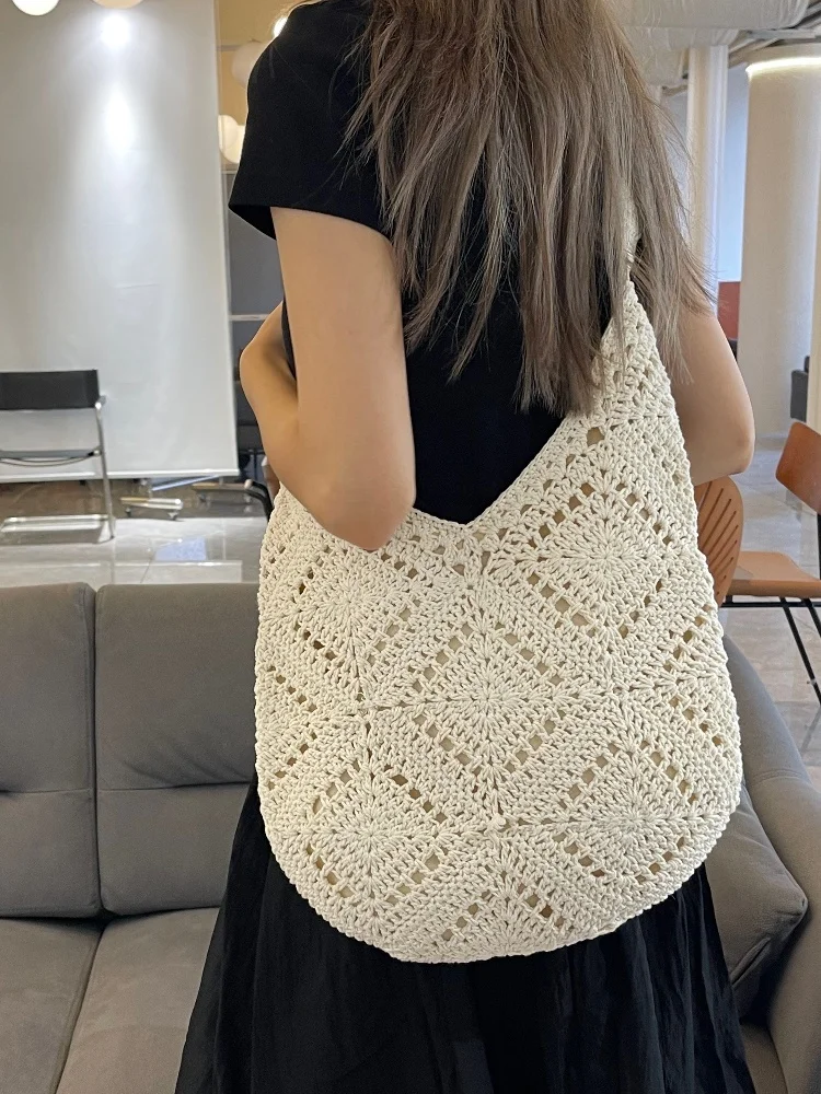 

Вязаная вручную сумка-тоут с полым цветком и узором для матери, большая сумка-тоут на одно плечо Capaci, праздничная задница Wea...