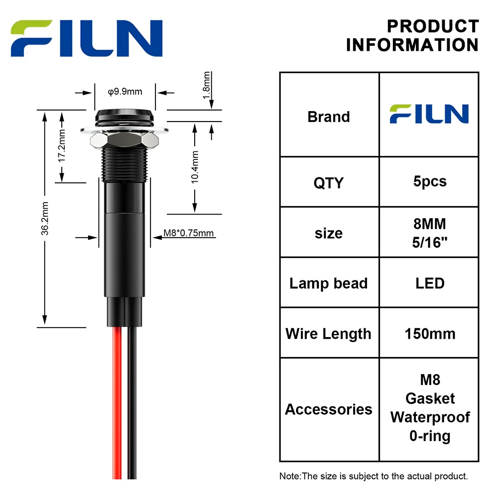FILN 5 SZTUK 8mm Metalowe LED-owe Lampki Kontrolne Płaskie, Sygnalizacyjne, Ostrzegawcze, Wodoodporne IP67, 5-24V do Samochodu, Łodzi, Jachtu