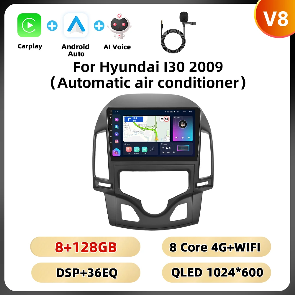 Podofo 8Core Gps Autoradio Voor Hyundai I30 2009 Multimedia Speler Wifi 4G Carplay Android Auto Ai Voice Dsp Rds Bt Fm Car Audio