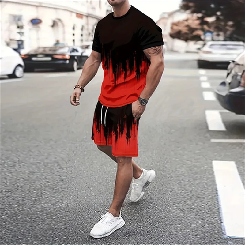 Fashionable Boutique Color Blocking Tie Dye Men T-shirt and Shorts 2-piece Set Summer Outdoor Casual Breathable Short Sleeve Set