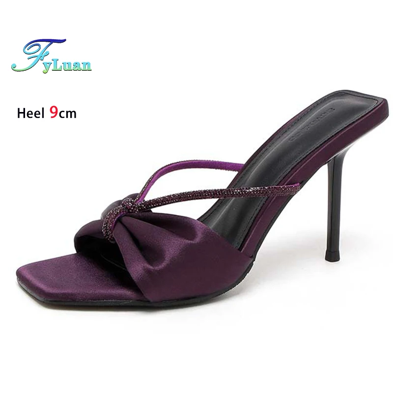 

Атласные женские туфли на высоком каблуке со стразами фиолетового цвета, 6 см, 9 см, тапочки на тонком каблуке, женские туфли-лодочки с квадратным носком, шлепанцы для вечеринок