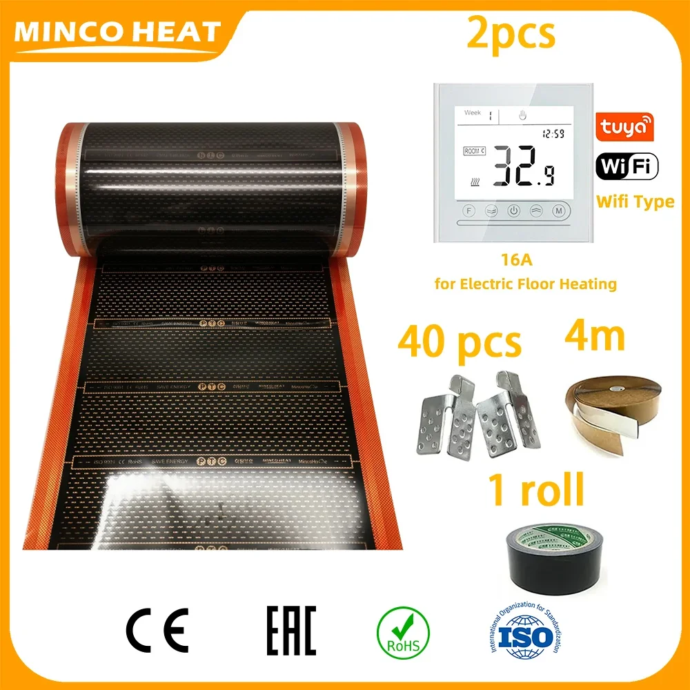Minco Heat 150w/㎡ PTC Heating Film 50cm Width 20㎡ Underfloor Heating Film Kits with Floor Heating Thermostat
