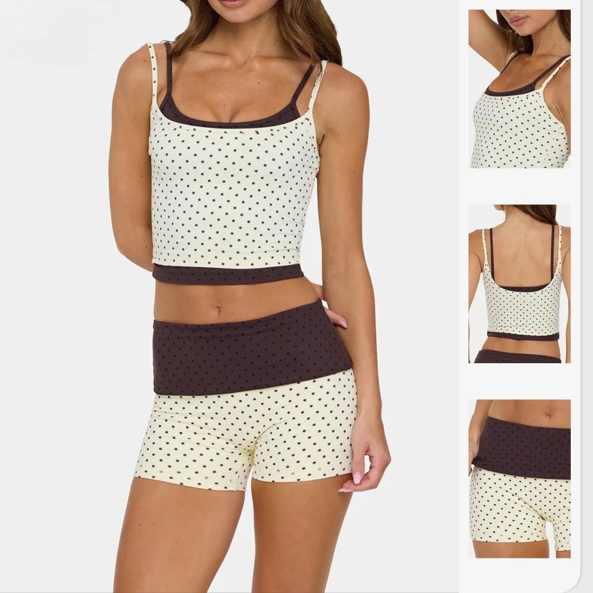 Brown Polka Dot Yoga Set 2 Pcs Sling Tank Top Crop Top Fold Waist Sports Shorts Women Casual Loungewear Fitness Gym Active Suit