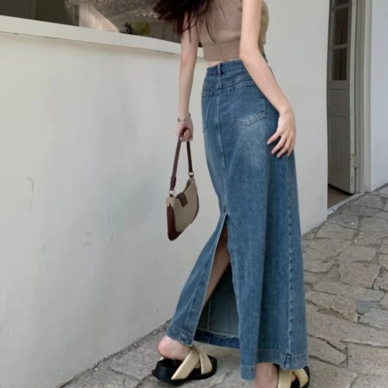 Denim Long Skirts Women High Waist Vintage Back-slit Design Elegant Baggy A-line Faldas Korean Fashion Youthful College Girls