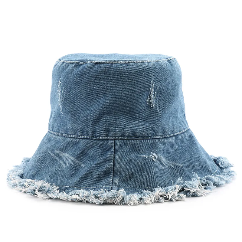 Womens 100 Percent Polyester Distressed Ripped Denim Bucket Hat Frayed Raw Edge Washed Vintage Sun Protection Outdoor Fisherman