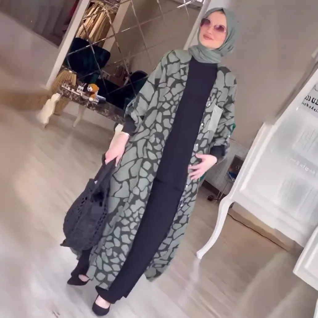 Muslim Print Long Dress Single Breasted Arabic Robe Dubai Saudi Abaya Morocco Jalabiya Abayas Ramadan Women Casual Vestidos